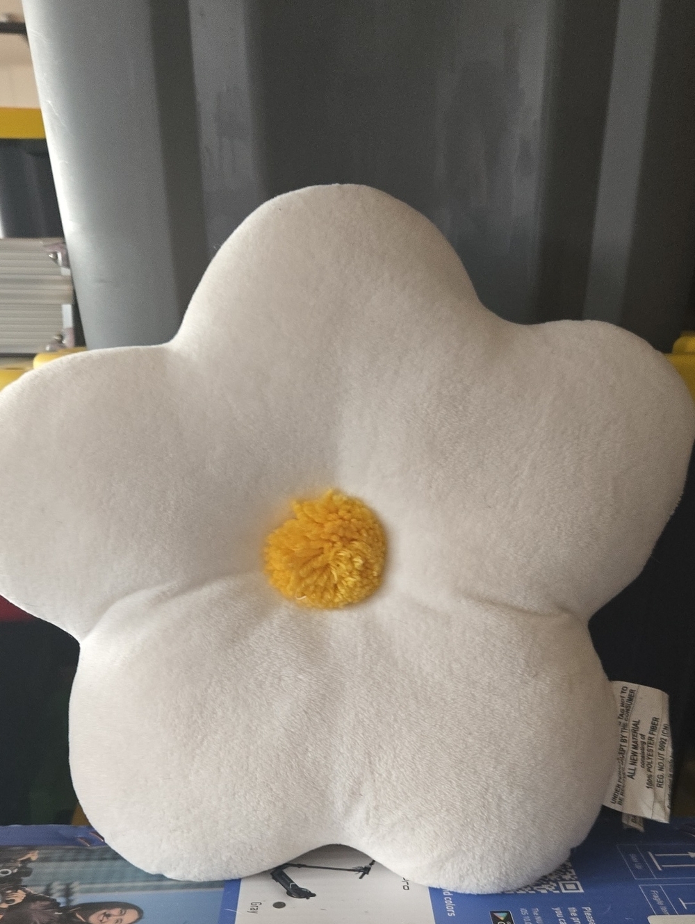 Flower Shaped Throw Pillow with Yellow Pom Center